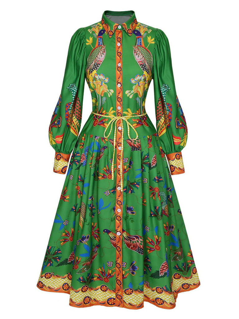 Green 1940s Peacock Lantern Sleeve Shirt Dress