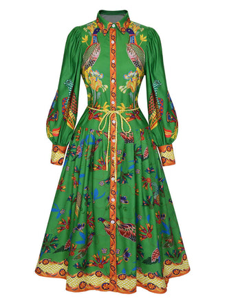 [US Warehouse] Green 1940s Peacock Lantern Sleeve Shirt Dress