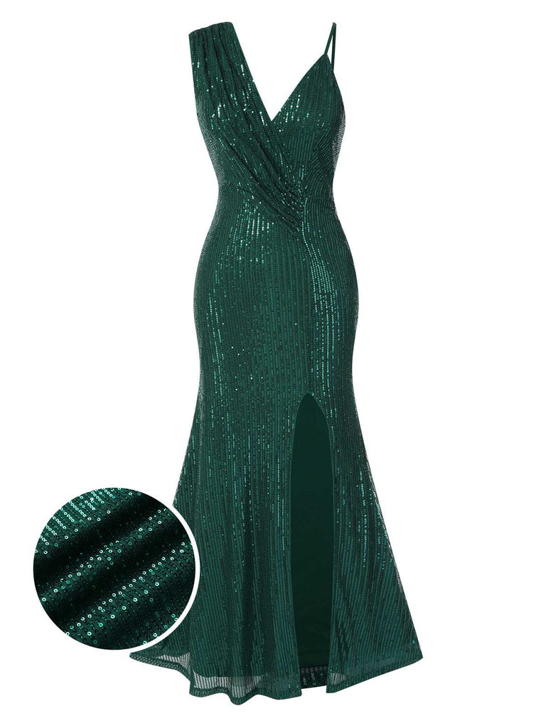 Green 1930s Sequined V-Neck Irregular Straps Dress