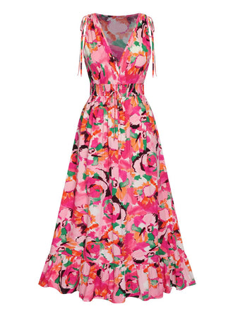 Rose Red 1940s Floral V-Neck Elastic Waist Dress