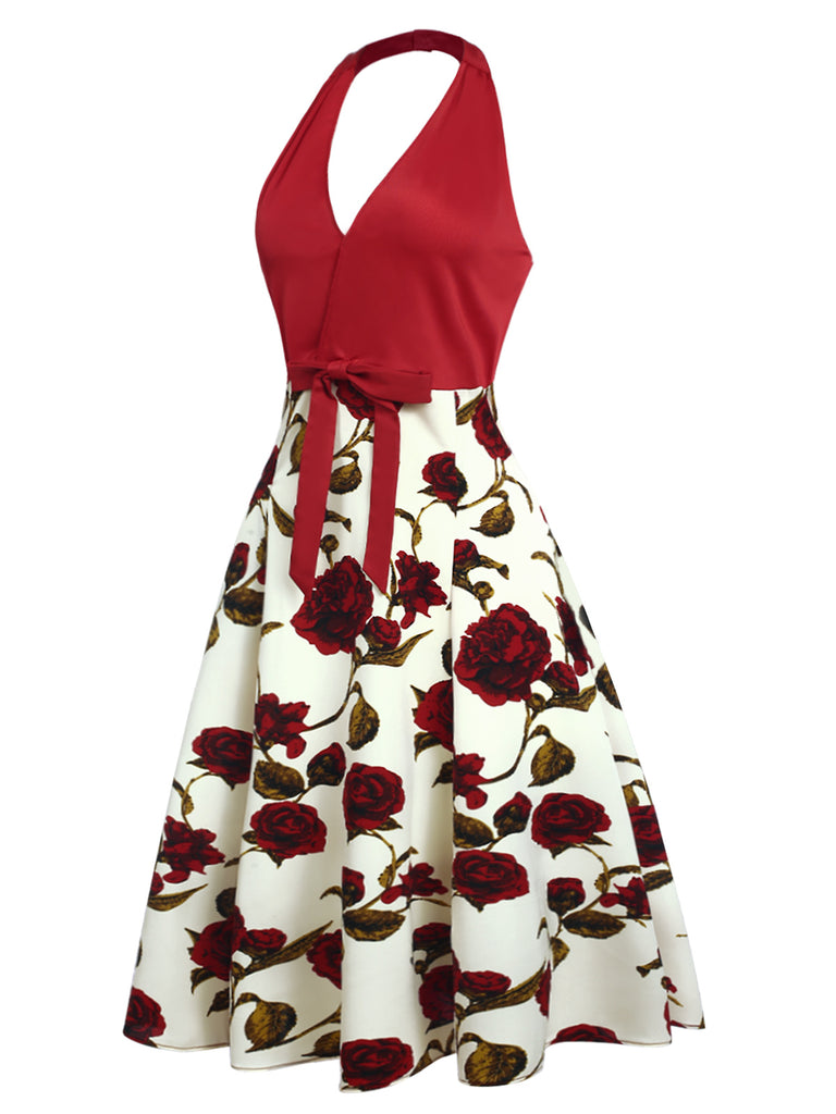 [Pre-Sale] Red 1950s Halter Roses Bow Dress