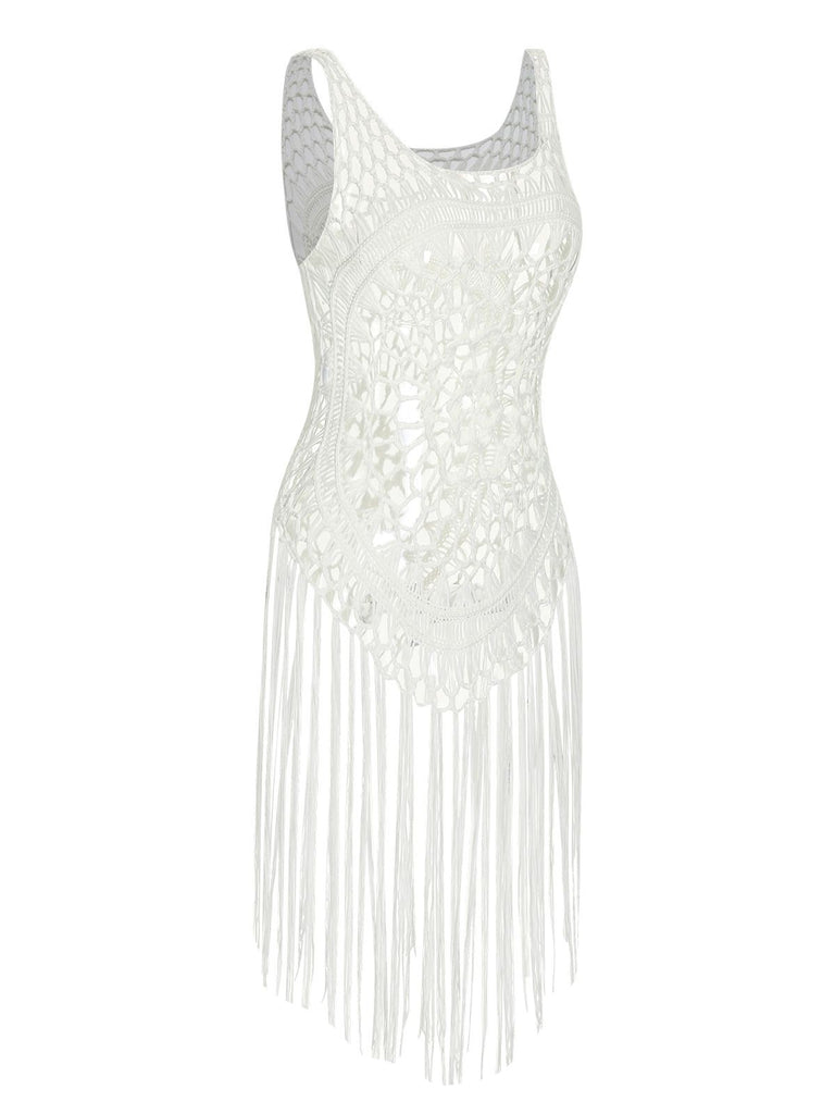 White 1950s Knitted Tassel Hollow Cover-Up