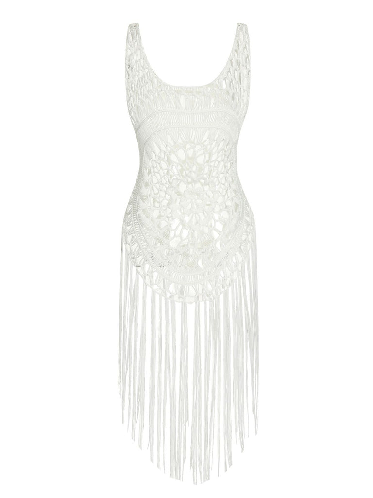 White 1950s Knitted Tassel Hollow Cover-Up