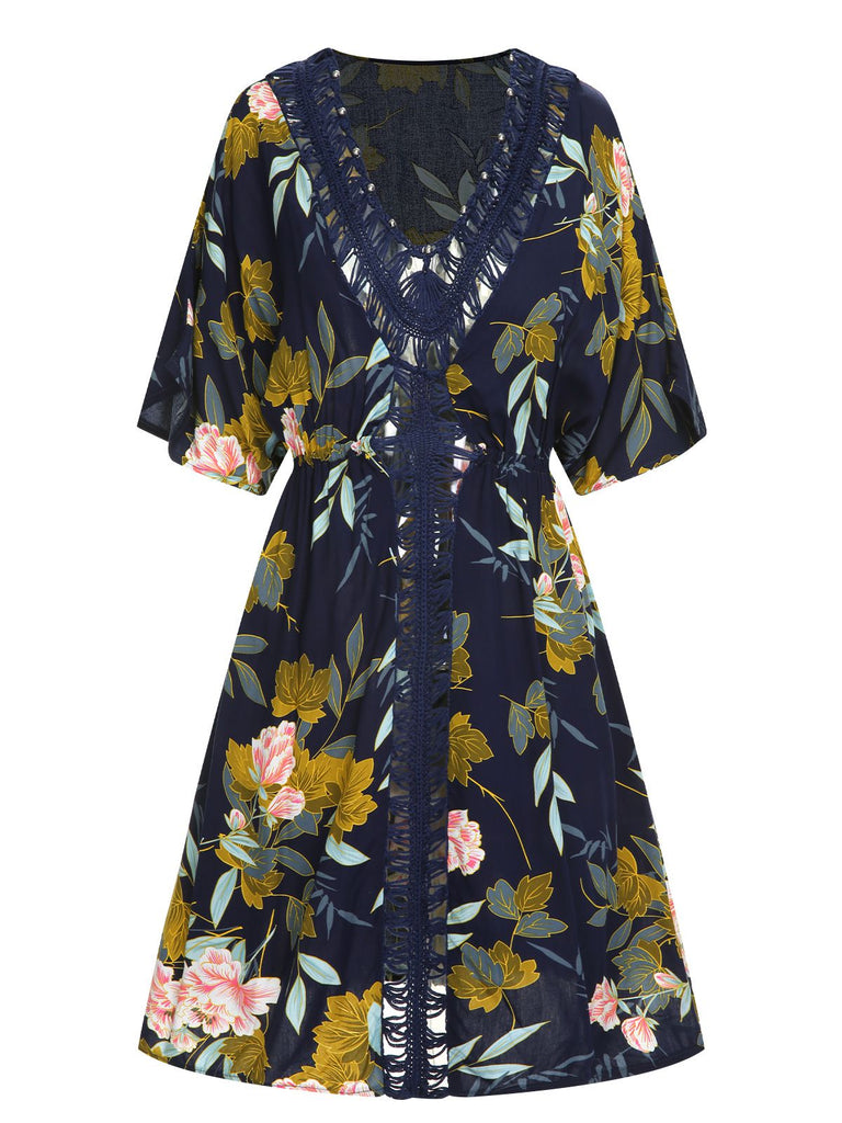 Blue 1950s Floral Hollow Cover-Up