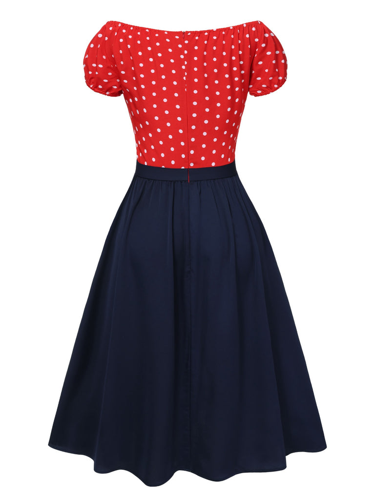 [Pre-Sale] Red & Blue 1950s Polka Dots Off-Shoulder Dress