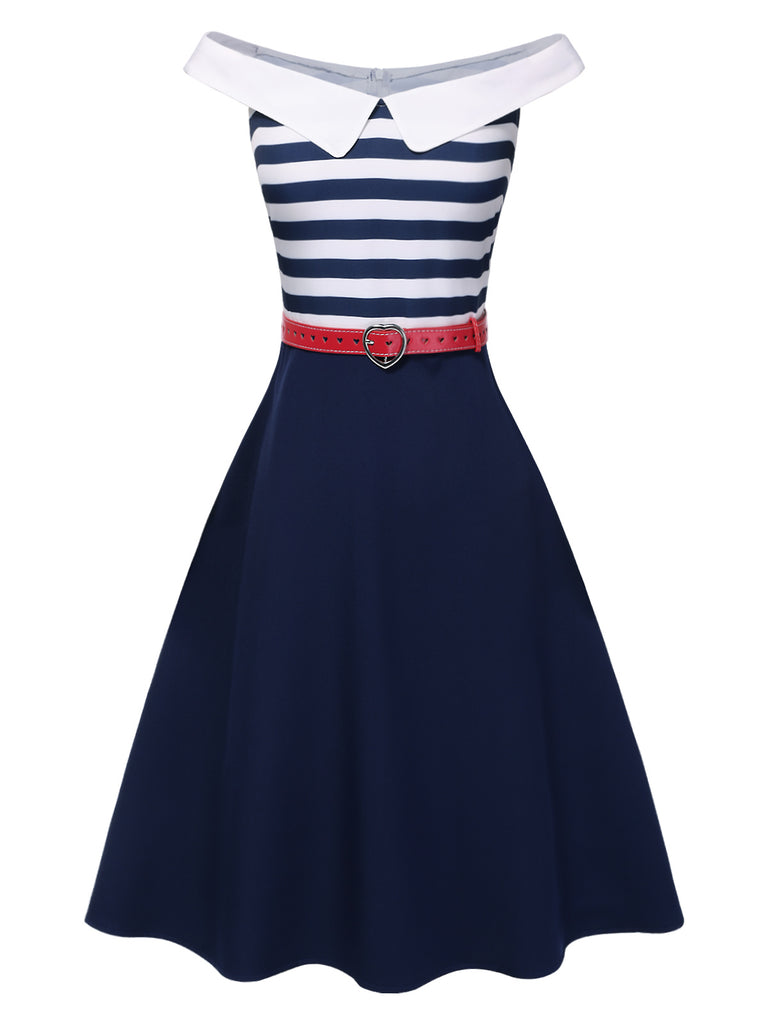 [Pre-Sale] Dark Blue 1950s Striped Off-Shoulder Dress