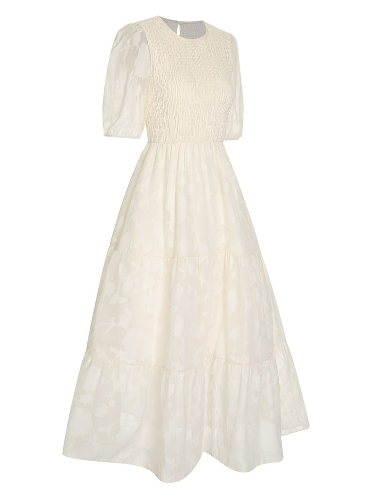1930s Round Neck Puff Sleeve Wrinkle Dress