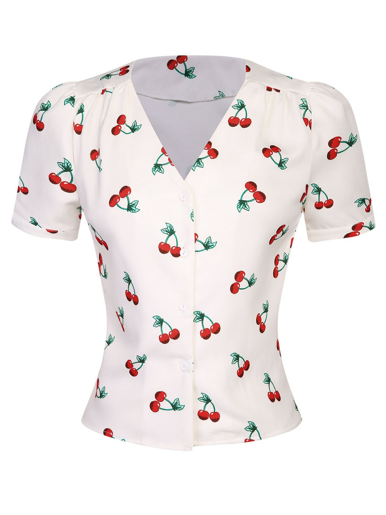 [Pre-Sale] White 1950s Cherry Buttoned V-Neck Blouse