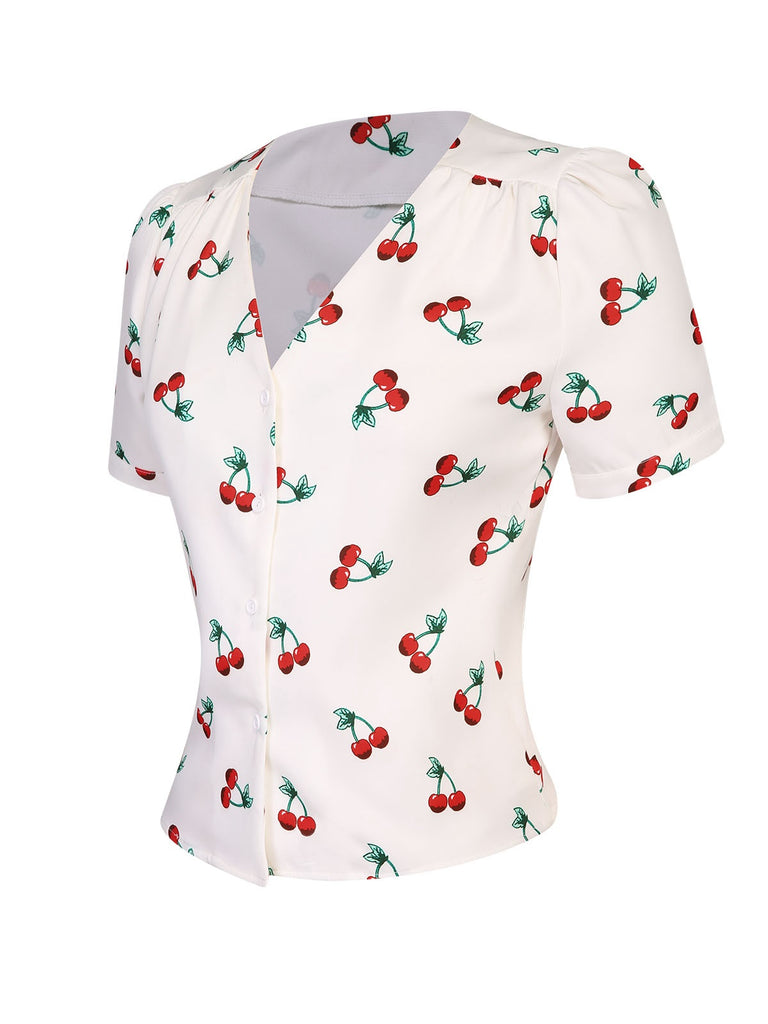 [Pre-Sale] White 1950s Cherry Buttoned V-Neck Blouse