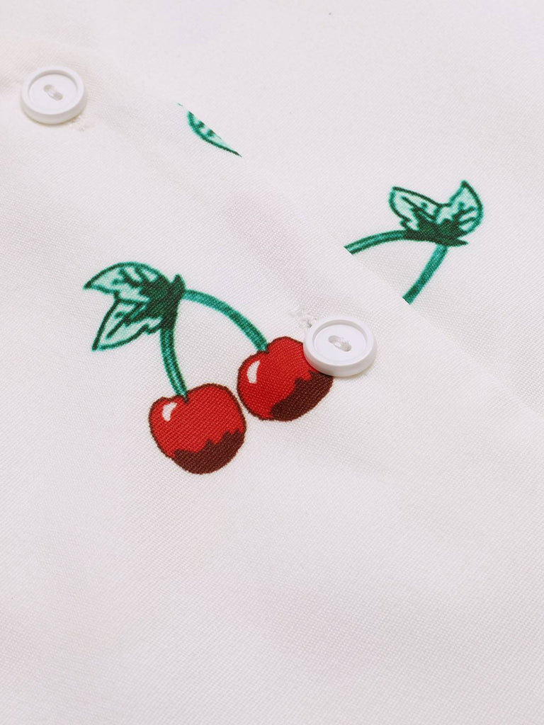 [Pre-Sale] White 1950s Cherry Buttoned V-Neck Blouse