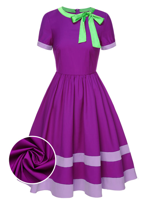 Purple 1950s Solid Spliced Tie Neck Dress