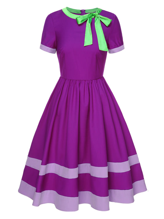 Purple 1950s Solid Spliced Tie Neck Dress