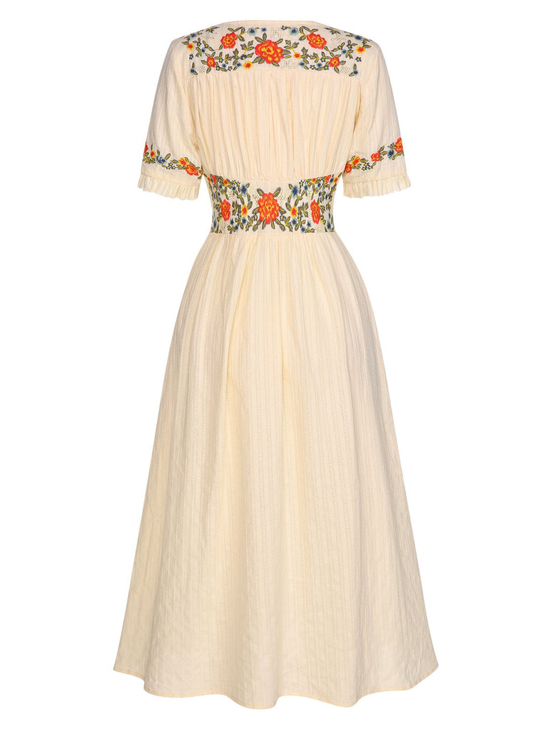 Beige 1940s V-Neck Button Floral Dress