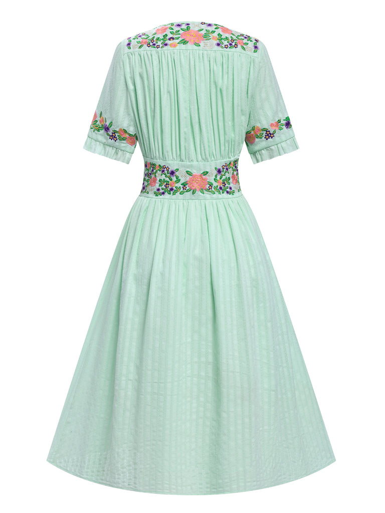 [Pre-Sale] Pure Cotton Mint Green 1940s V-Neck Floral Dress