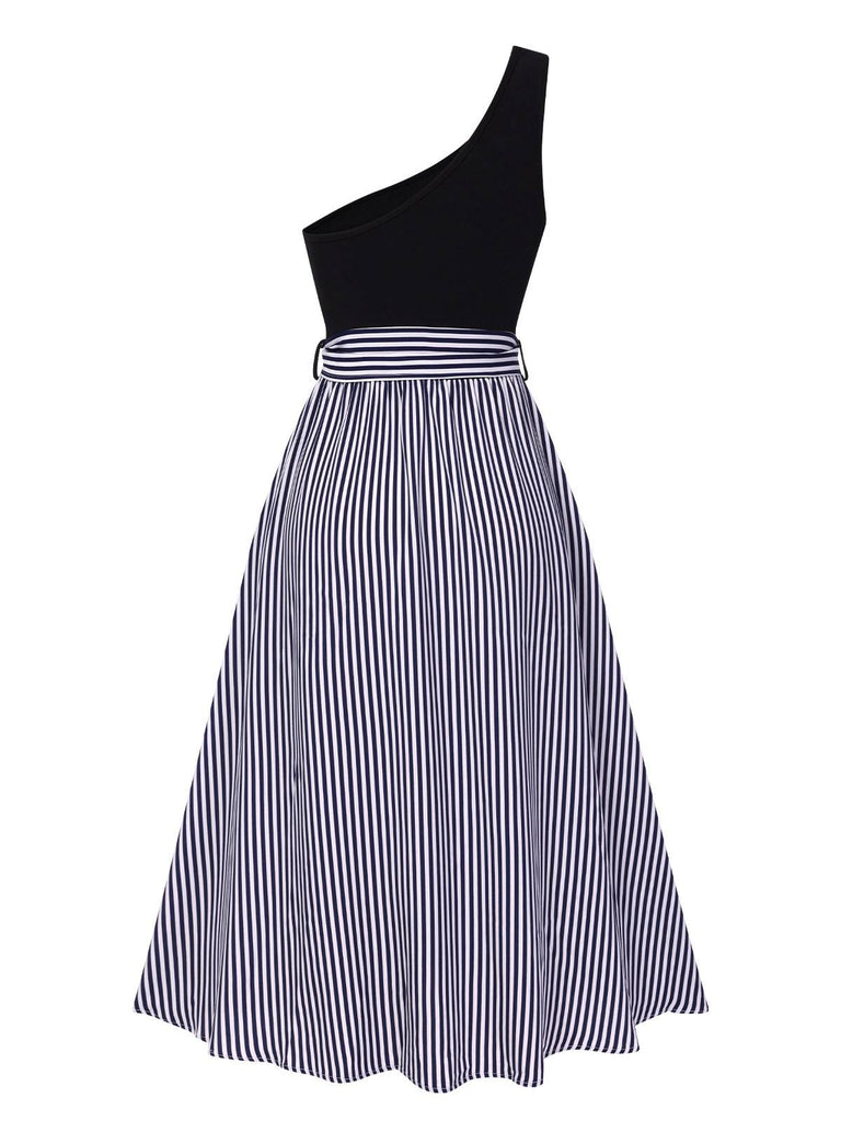 Blue 1940s One-Shoulder Patchwork Striped Dress