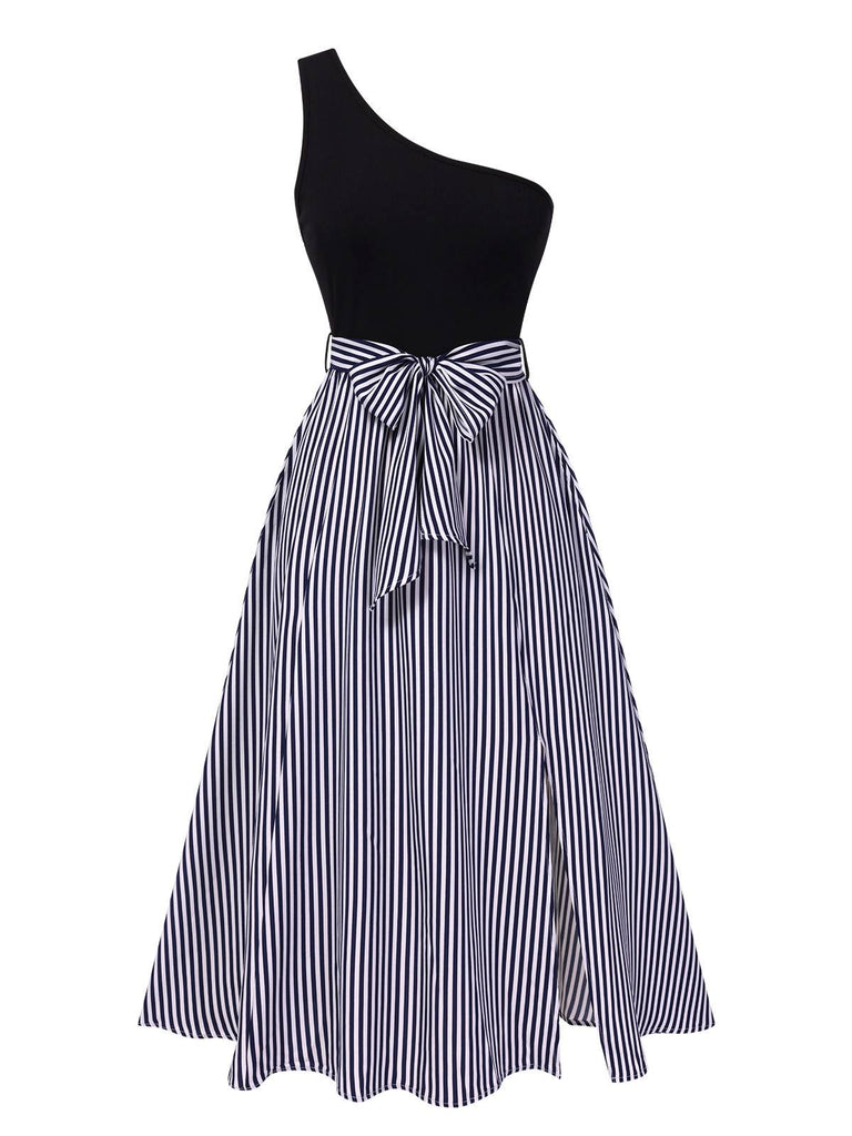 Blue 1940s One-Shoulder Patchwork Striped Dress