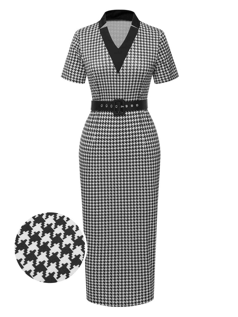 Black 1960s V-Neck Belted Pencil Dress