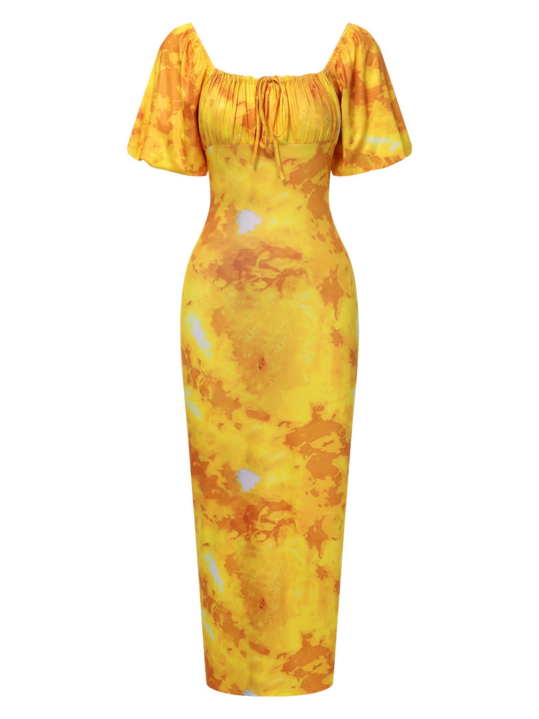 Yellow 1930s Puff Sleeves Square Neck Dress