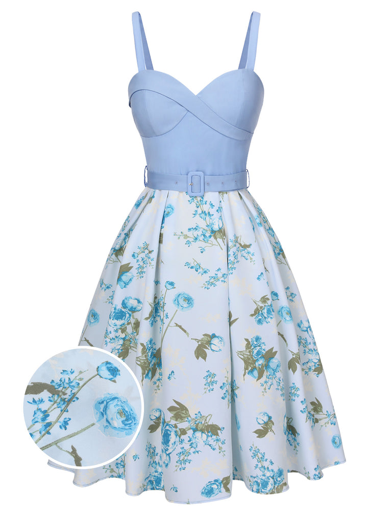 [Pre-Sale] Blue 1950s Spaghetti Strap Floral Belted Dress