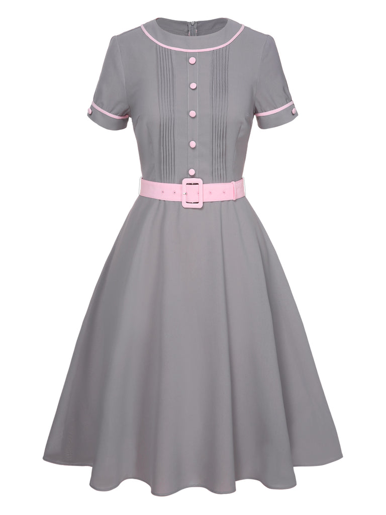 [Pre-Sale] Gray 1950s Solid Contrast Belted Dress