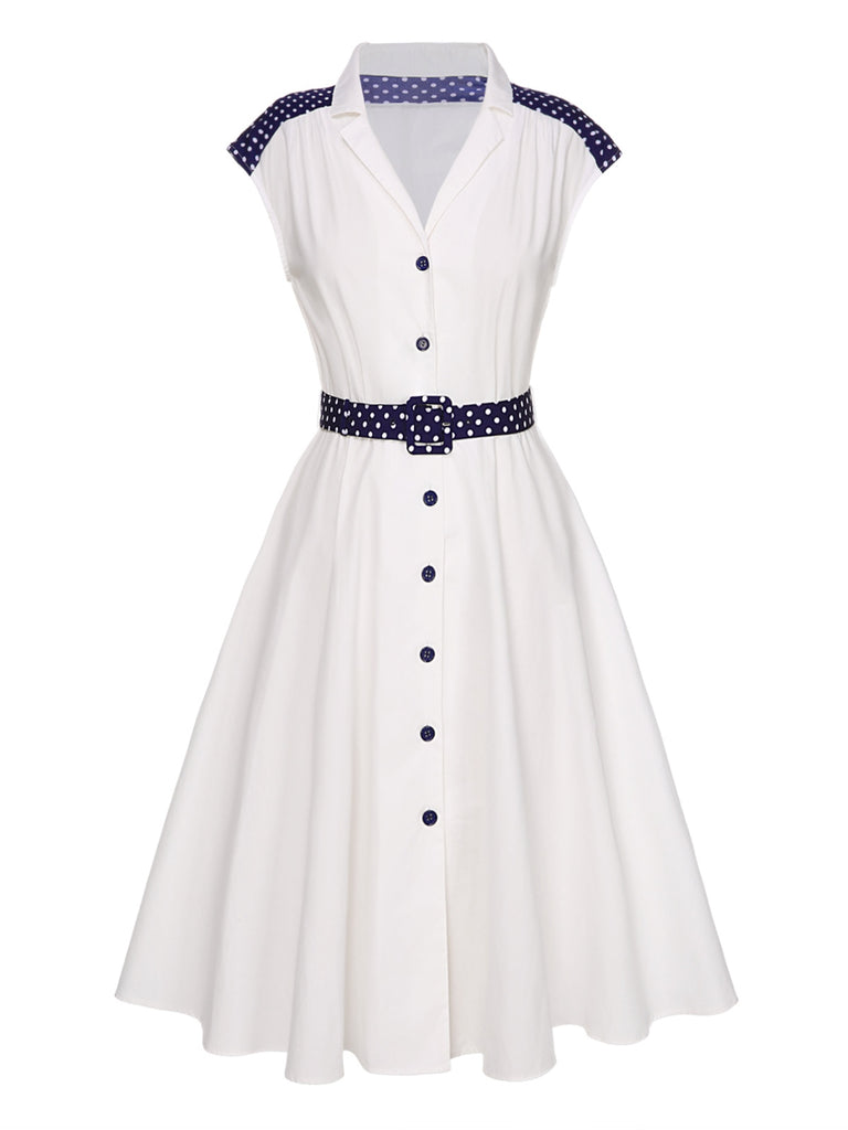 [Pre-Sale] White 1940s Lapel Polka Dots Patchwork Dress