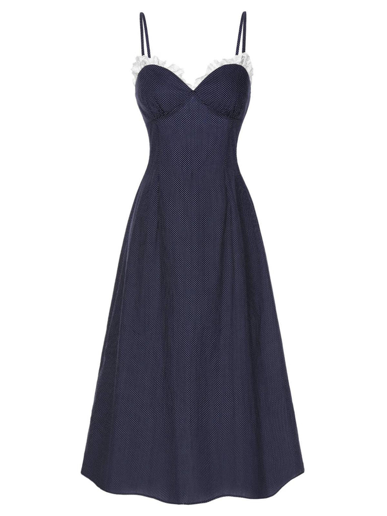 [Pre-Sale] Dark Blue 1930s Polka Dots Spaghetti Straps Dress