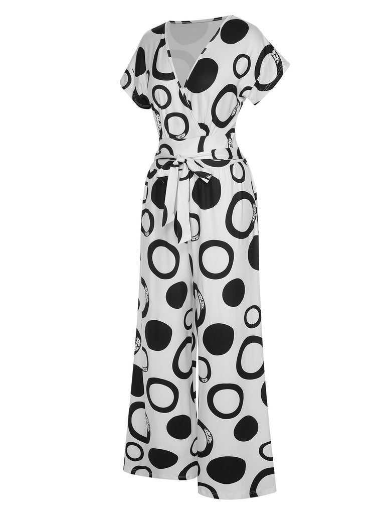 White 1940s Polka Dots & Circles V-Neck Jumpsuit