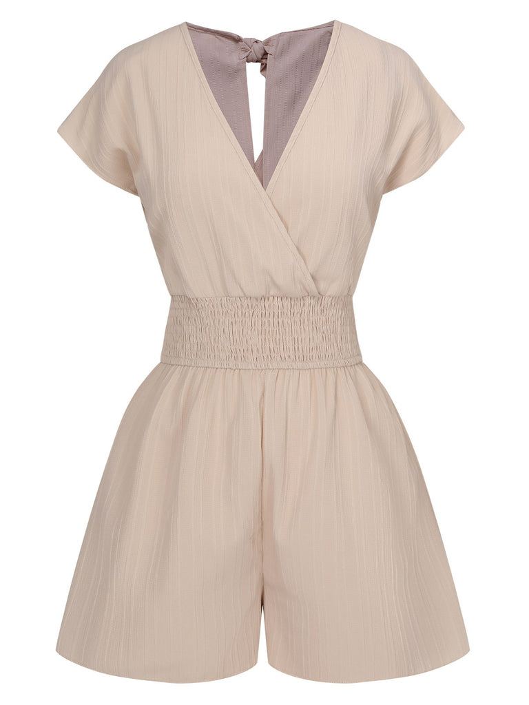 1970s Solid Elastic Waist Wrap V-Neck Romper