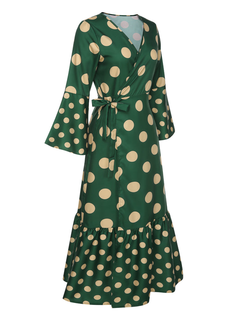 Green 1940s Polka Dots Lace-Up Flare Dress