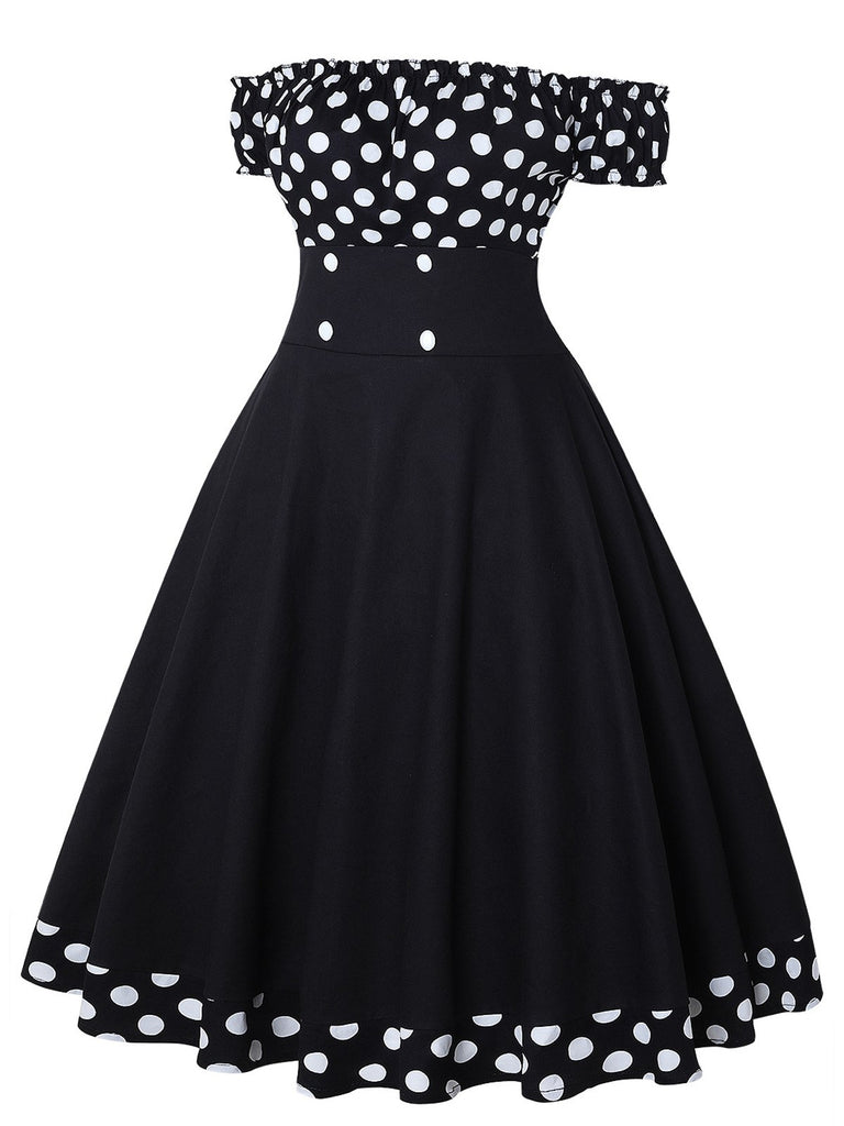 Black 1950s Off Shoulder Polka Dots Dress