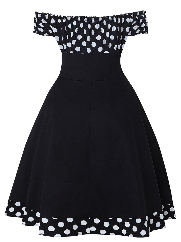 Black 1950s Off Shoulder Polka Dots Dress