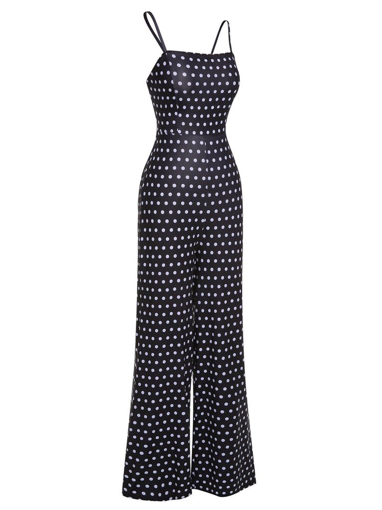 Black 1940s Polka Dots Back Strap Jumpsuit