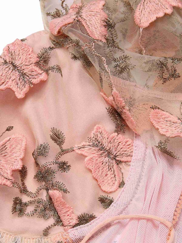 Pink 1950s Floral Butterfly Puff Sleeves Top