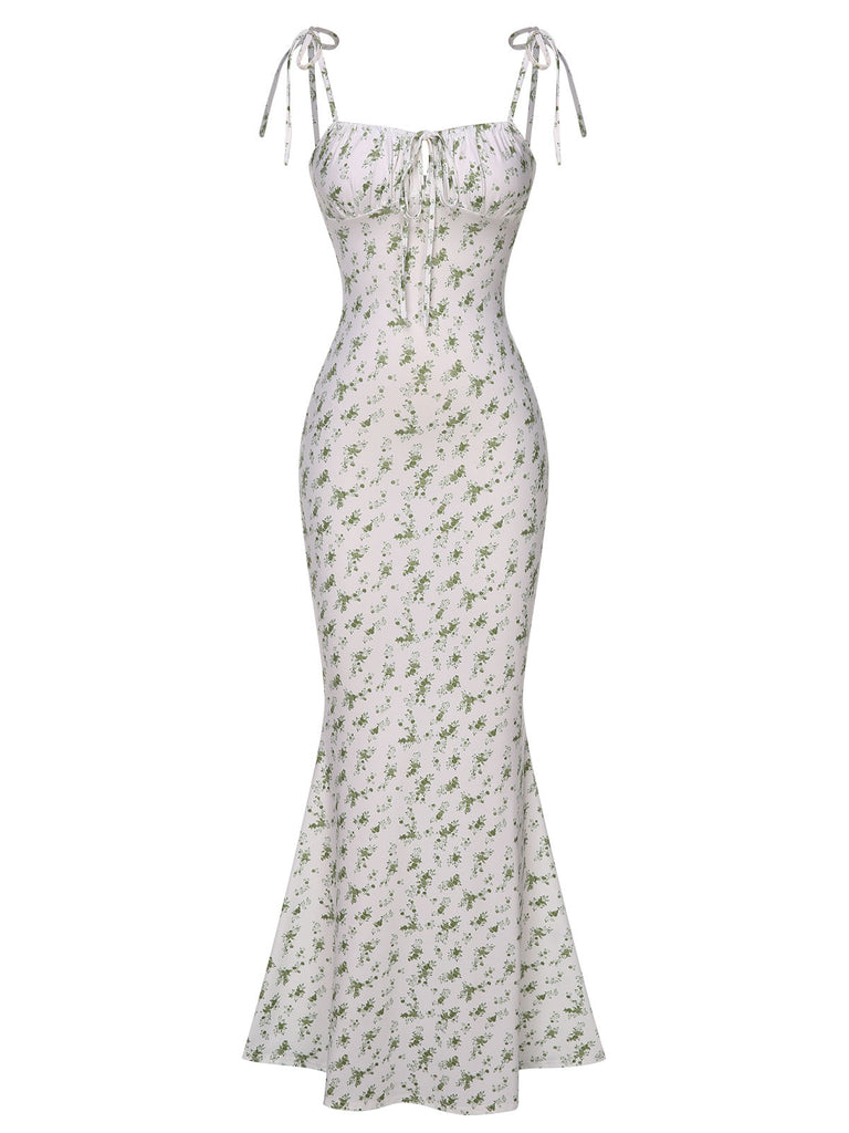 White 1930s Spaghetti Strap Ditsy Floral Dress