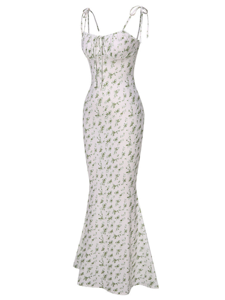 White 1930s Spaghetti Strap Ditsy Floral Dress