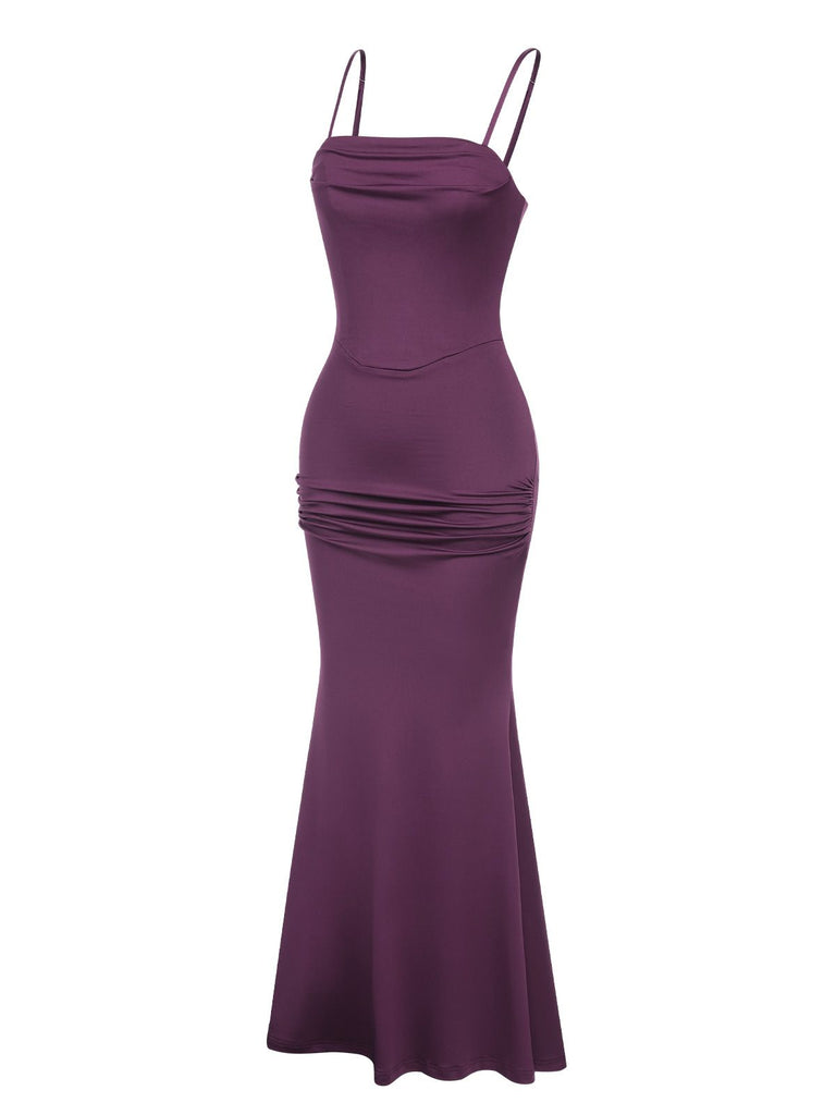 Purple 1930s Spaghetti Strap Solid Dress