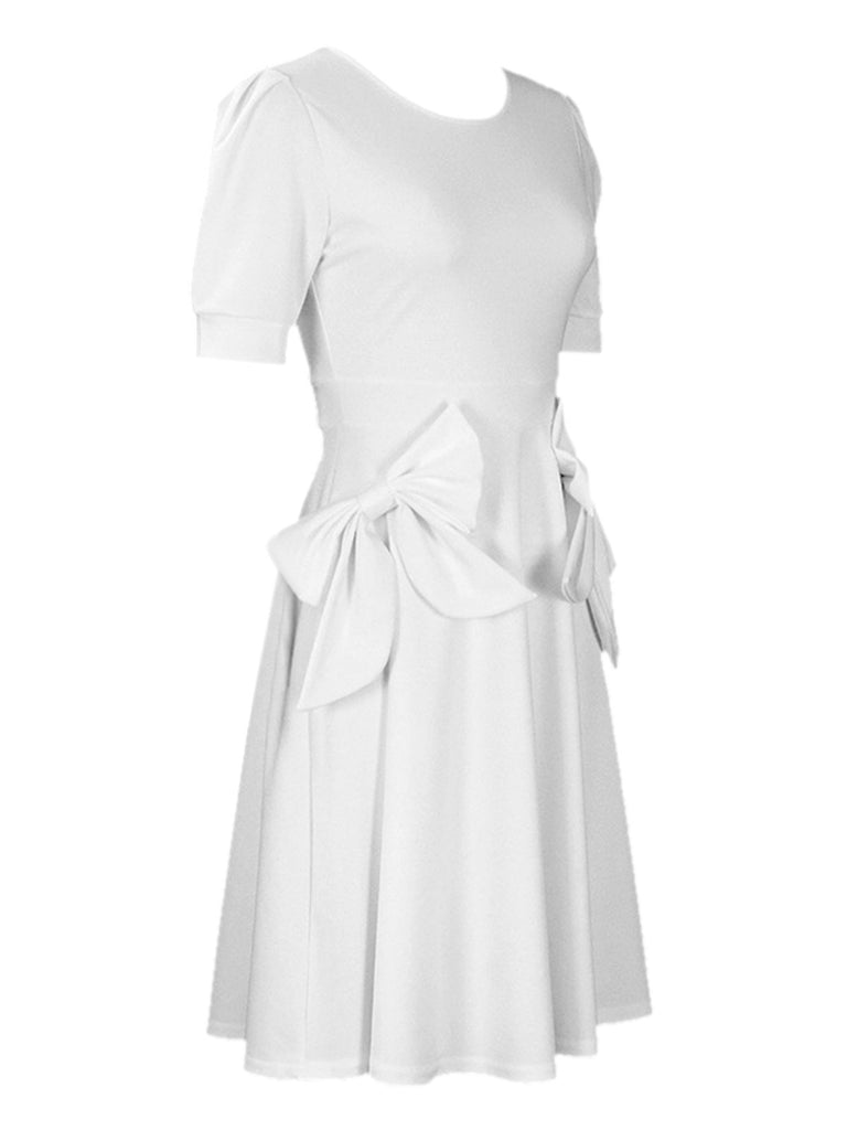 White 1960s Solid Bow Skater Dress