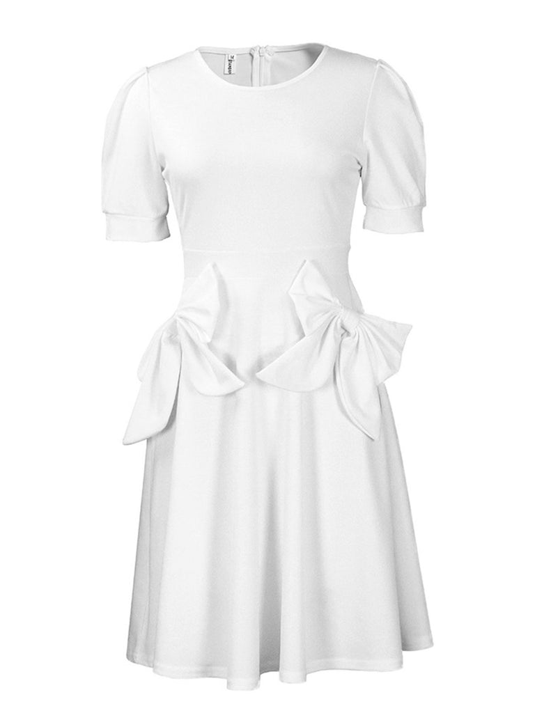 White 1960s Solid Bow Skater Dress
