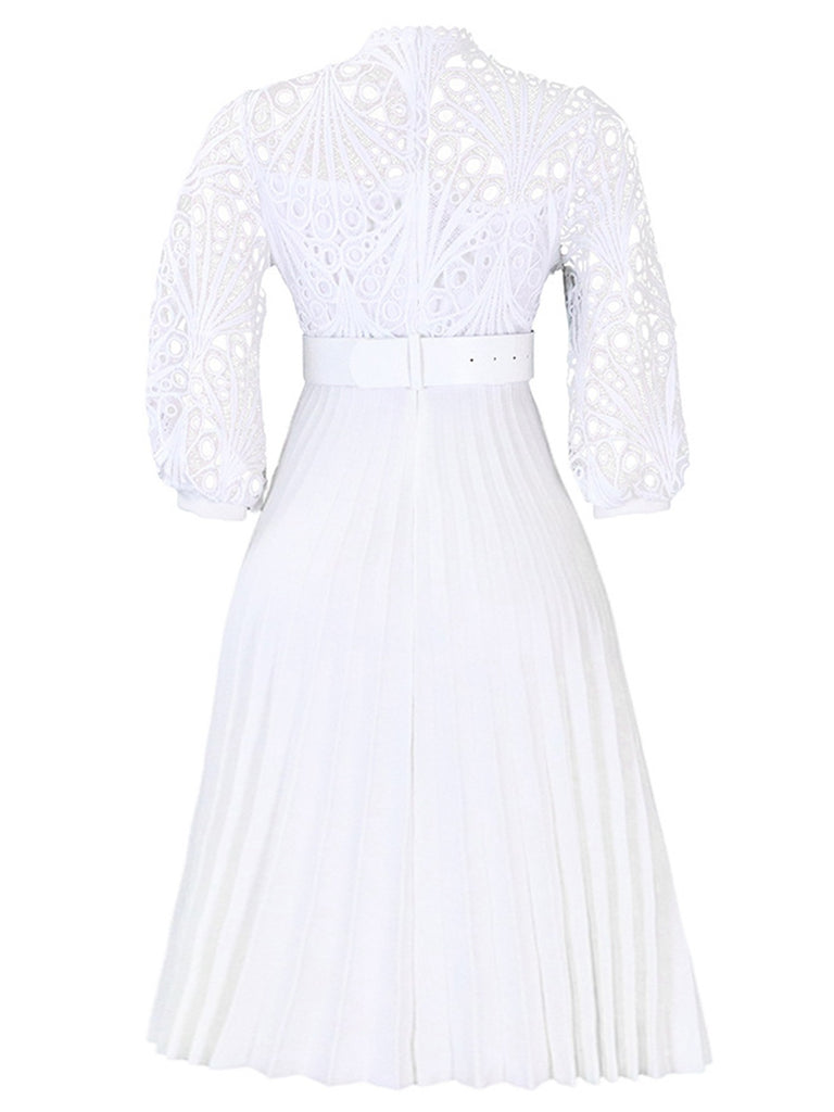 1960s Solid Lace Crochet Pleated Belted Dress