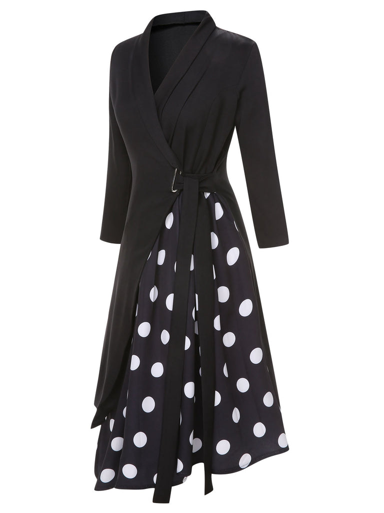 Black 1940s Polka Dots Patchwork Tie Waist Dress