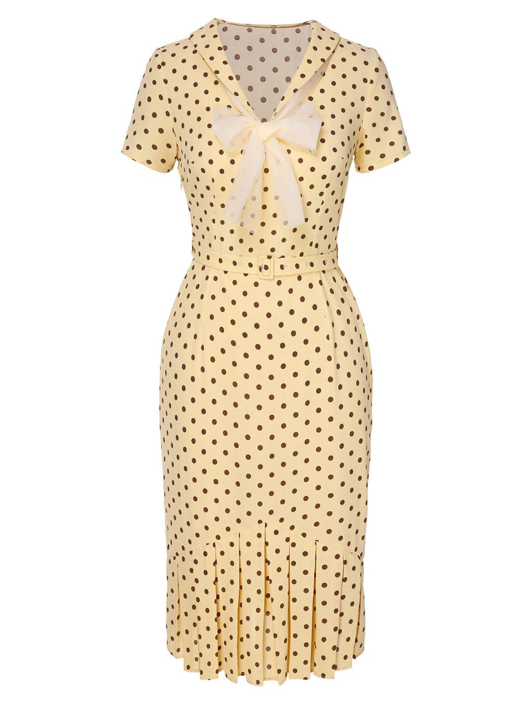 [Pre-Sale] Yellow 1940s Lapel Polka Dots Pleated Dress