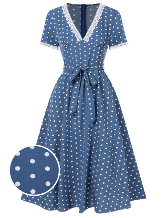 Dark Blue 1930s V-Neck Polka Dots Belted Dress