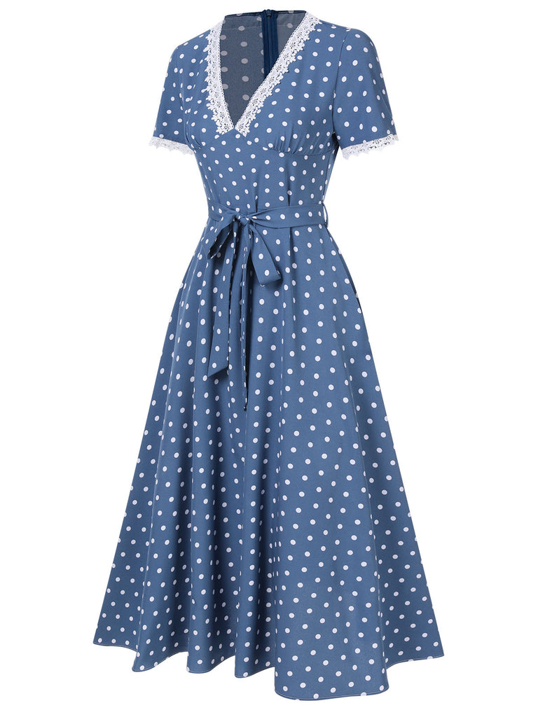 [Pre-Sale] Dark Blue 1930s V-Neck Polka Dots Belted Dress