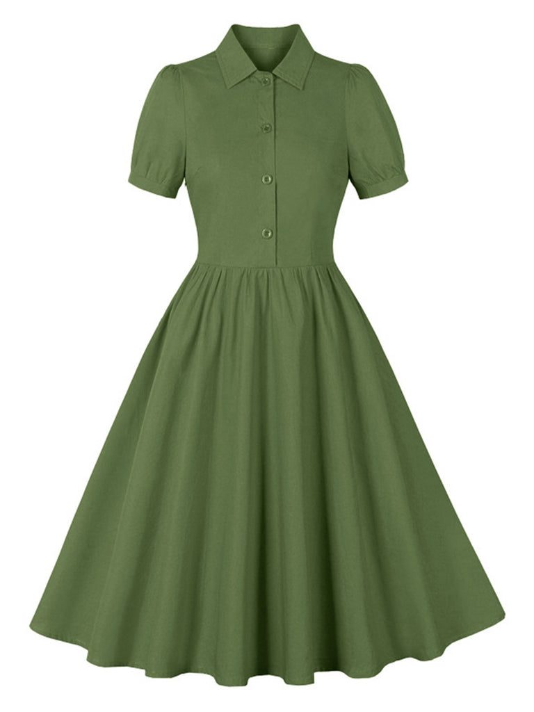 1950s Solid Lapel Buttons Swing Dress