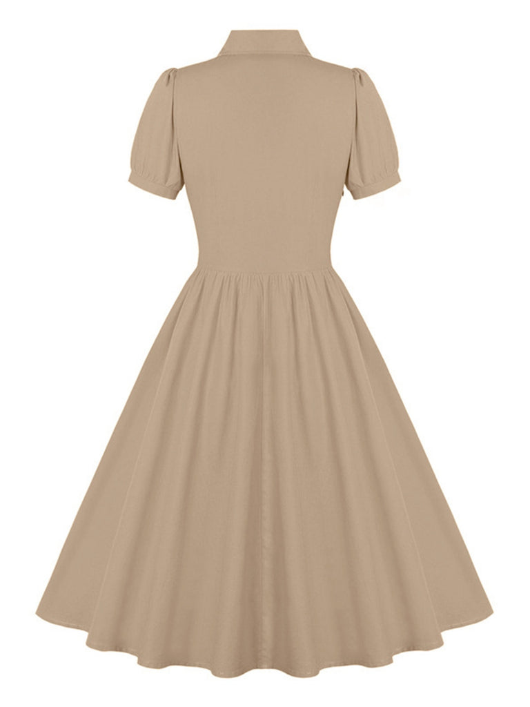 1950s Solid Lapel Buttons Swing Dress