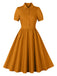 1950s Solid Lapel Buttons Swing Dress