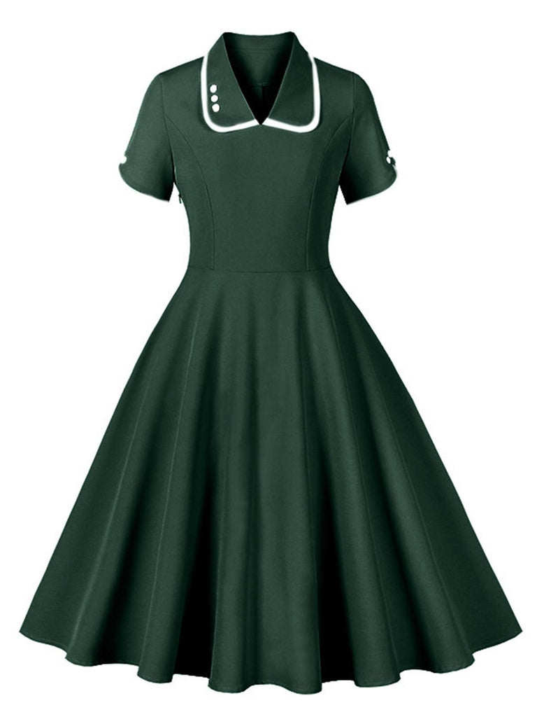 1950s Lapel Buttoned Short Sleeve Solid Dress