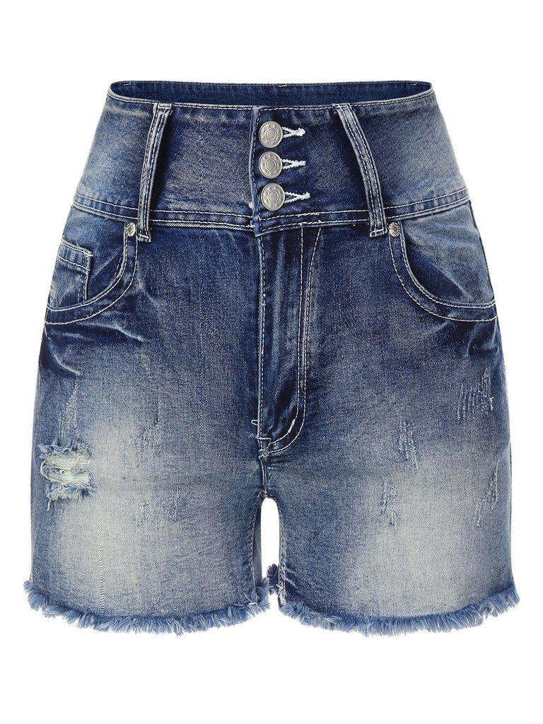 Blue 1950s Distressed Raw Hem Denim Shorts