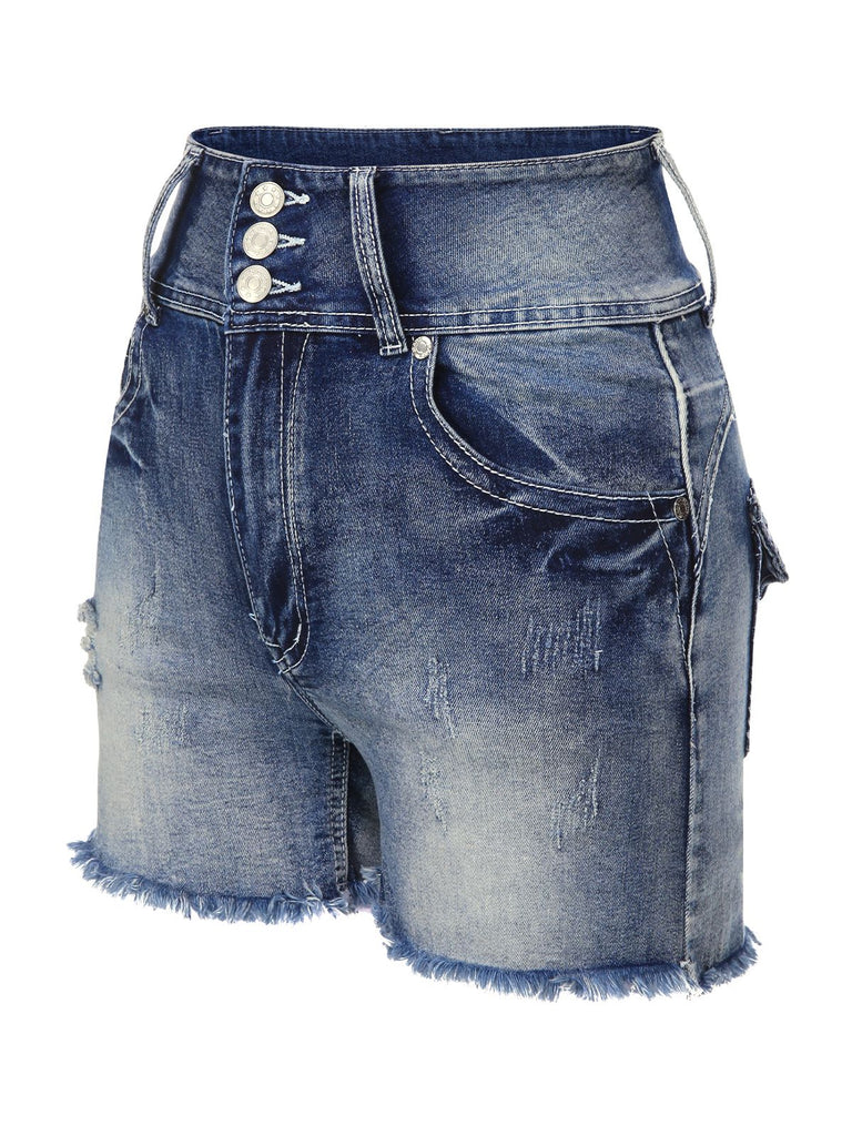 Blue 1950s Distressed Raw Hem Denim Shorts