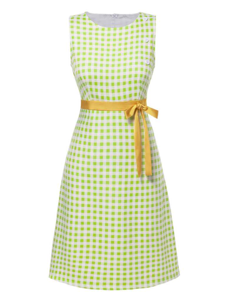 [Pre-Sale] Green 1960s Waist Tie Gingham Mod Dress